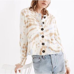 Madewell Sweater Cream Blue white Cotton Tie-Dye Broadway Boxy Crop Cardigan XS